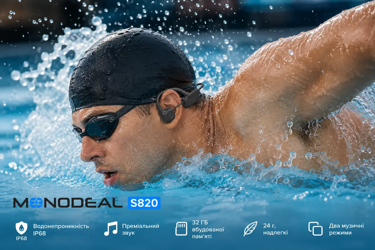 Навушники для плавання MONODEAL S820 - Bluetooth 5.4, MP3 - 32 ГБ, IP68 - Зображення 5